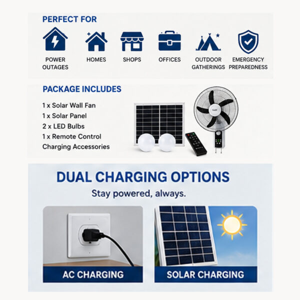 16" Rechargeable Solar Wall Fan with Remote & LED Lights