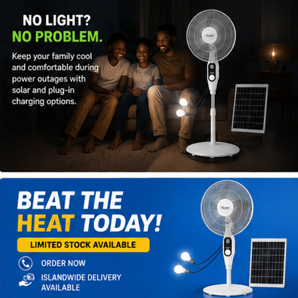 16" Solar Rechargeable Fan with Radio USB Light & Phone Charger