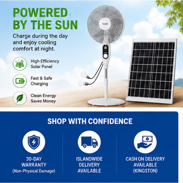 16" Solar Rechargeable Fan with Radio USB Light & Phone Charger
