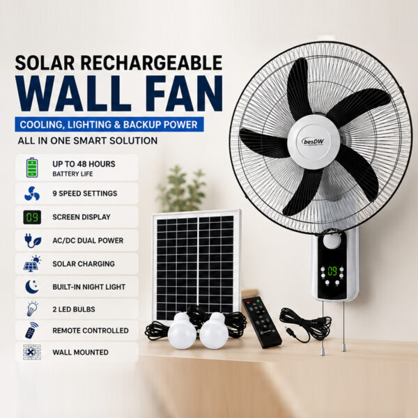 16" Rechargeable Solar Wall Fan with Remote & LED Lights