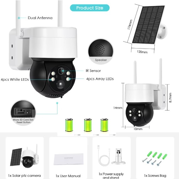 Solar Wireless PTZ Security Camera 1080P HD Outdoor