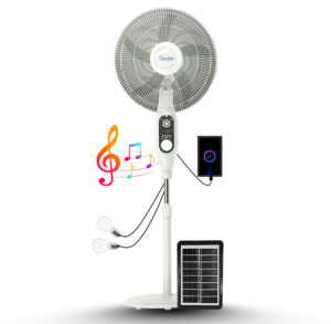 16" Solar Fan With Bluetooth Speaker, Radio, USB Port and 2x Bulbs