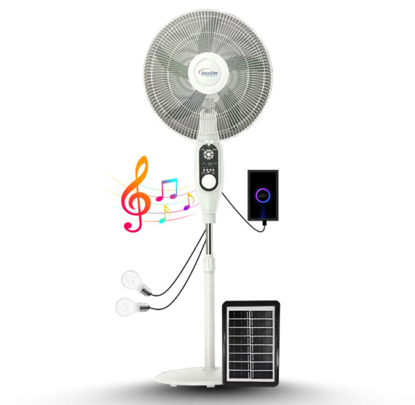 16" Solar Fan With Bluetooth Speaker, Radio, USB Port and 2x Bulbs